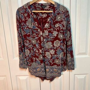Lucky Brand Women's M Red Floral V-Neck Tunic Blouse Long Sleeve